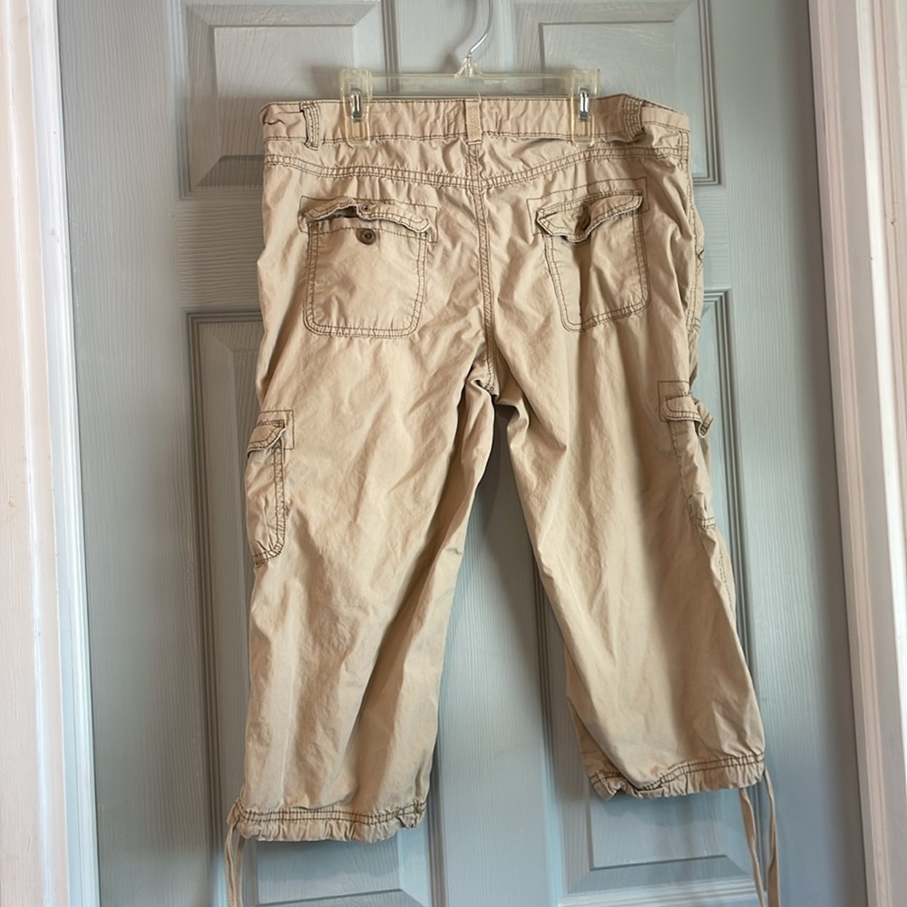 OP Junior's 13 Vintage y2K Tan Cargo Pockets 100% Cotton Drawstring Capri Pants - Picture 4 of 5